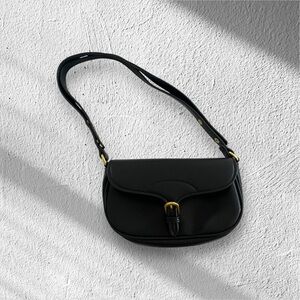 Black Faux Leather Saddle Bag – Gold Buckle, Adjustable Strap